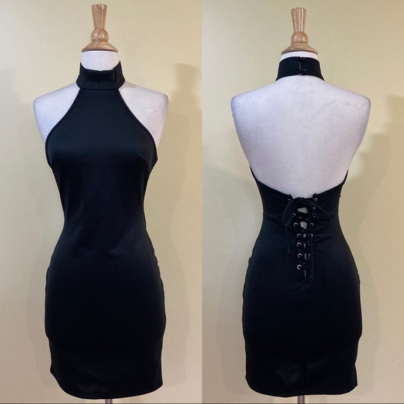 Halter Lace Up Back Bodycon Little Black Dress - Picture 4 of 4